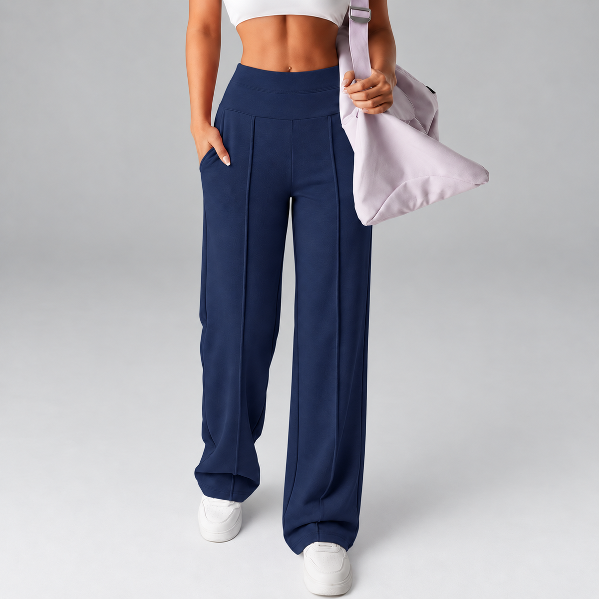 Women’s High-Rise Wide-Leg Comfort Pants with Pockets, Stretch Fit & Front Seams
