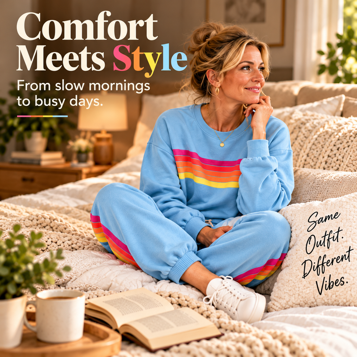 🌈Women's Retro Rainbow Stripe 2-Piece Set – Relaxed Sweatshirt & Drawstring Joggers 💕