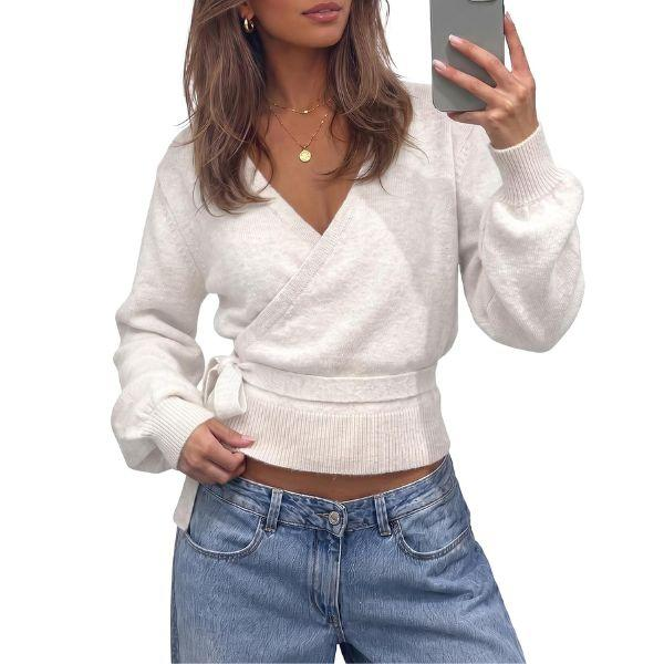 💃Women’s V-Neck Wrap Knit Sweater with Tie Waist & Lantern Sleeves💃