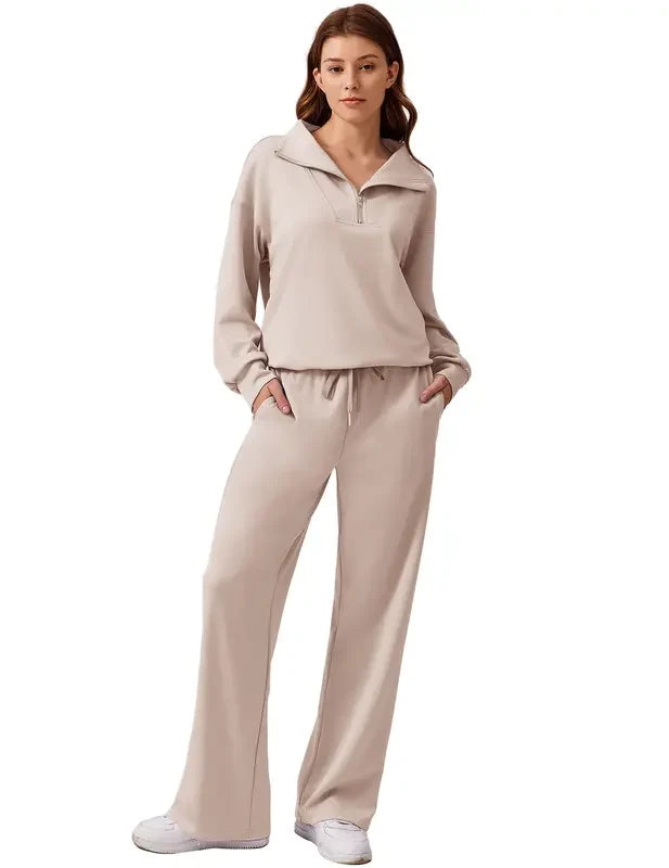Women’s Half-Zip Two-Piece Sweatsuit – Wide-Leg Lounge Set