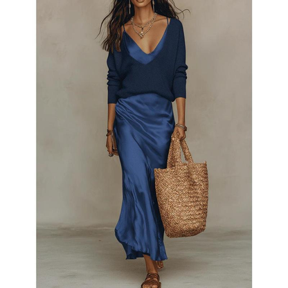 💃Women’s 2-Piece V-Neck Knit Sweater & Satin Slip Maxi Dress Set💃