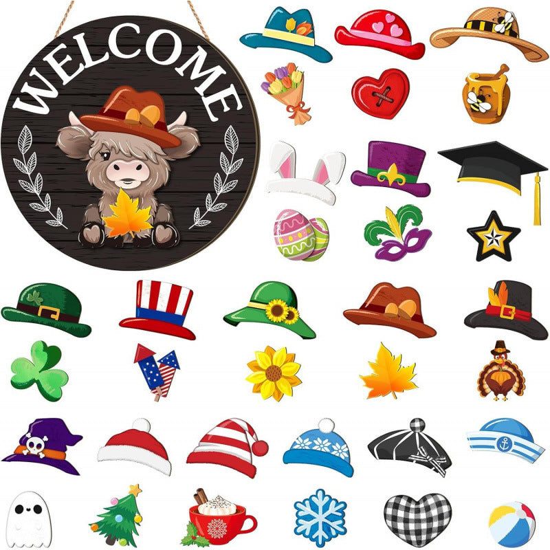 Interchangeable Front Door Welcome Sign Set with Seasonal Holiday Seasonal Icons