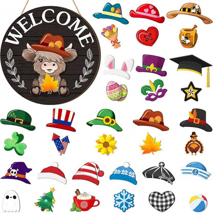 Interchangeable Front Door Welcome Sign Set with Seasonal Holiday Seasonal Icons