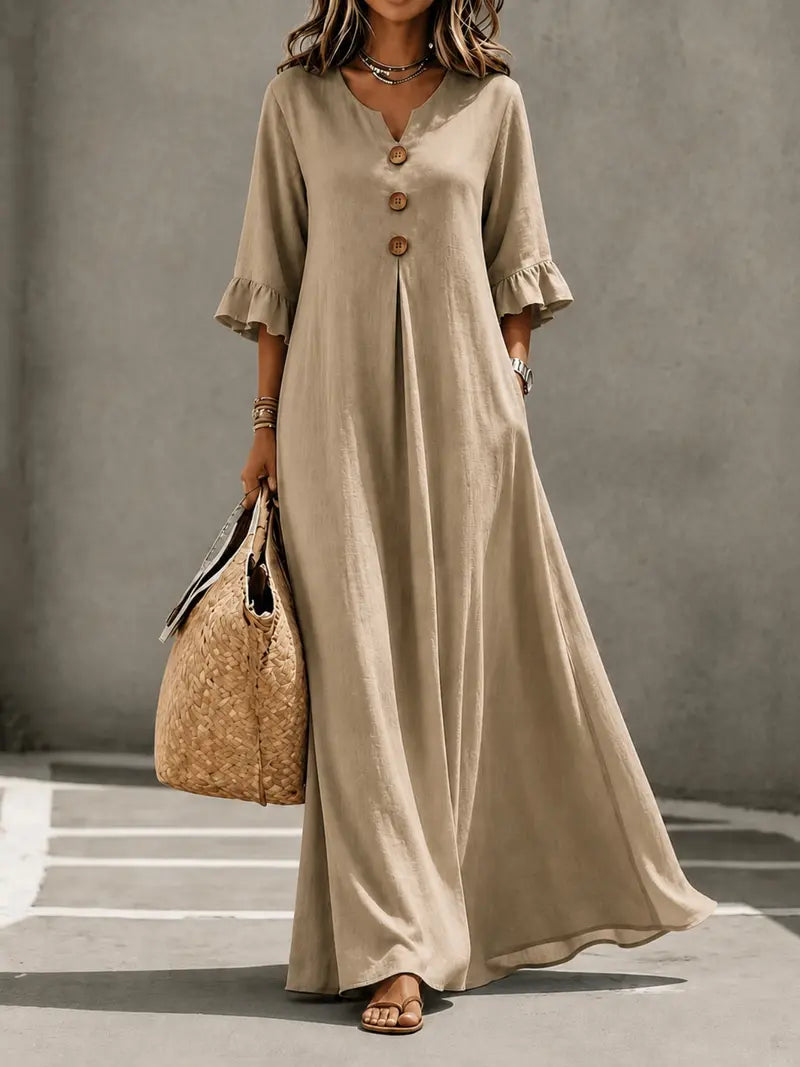 Women's Boho V-Neck Dress with Wooden Buttons, Ruffle Sleeves & Loose A-Line Fit