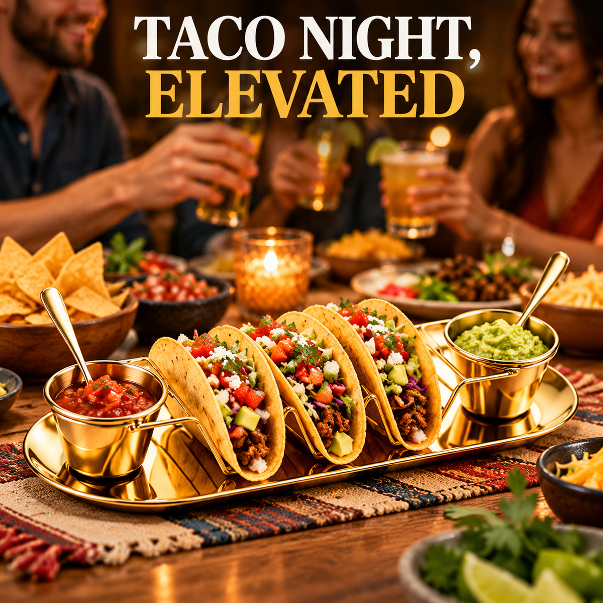 6-Piece Set Gold Taco Holder & Serving Set with Sauce Cups