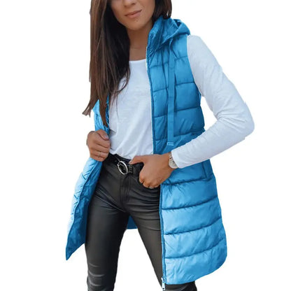 Hooded Long Puffer Vest Without the Bulk