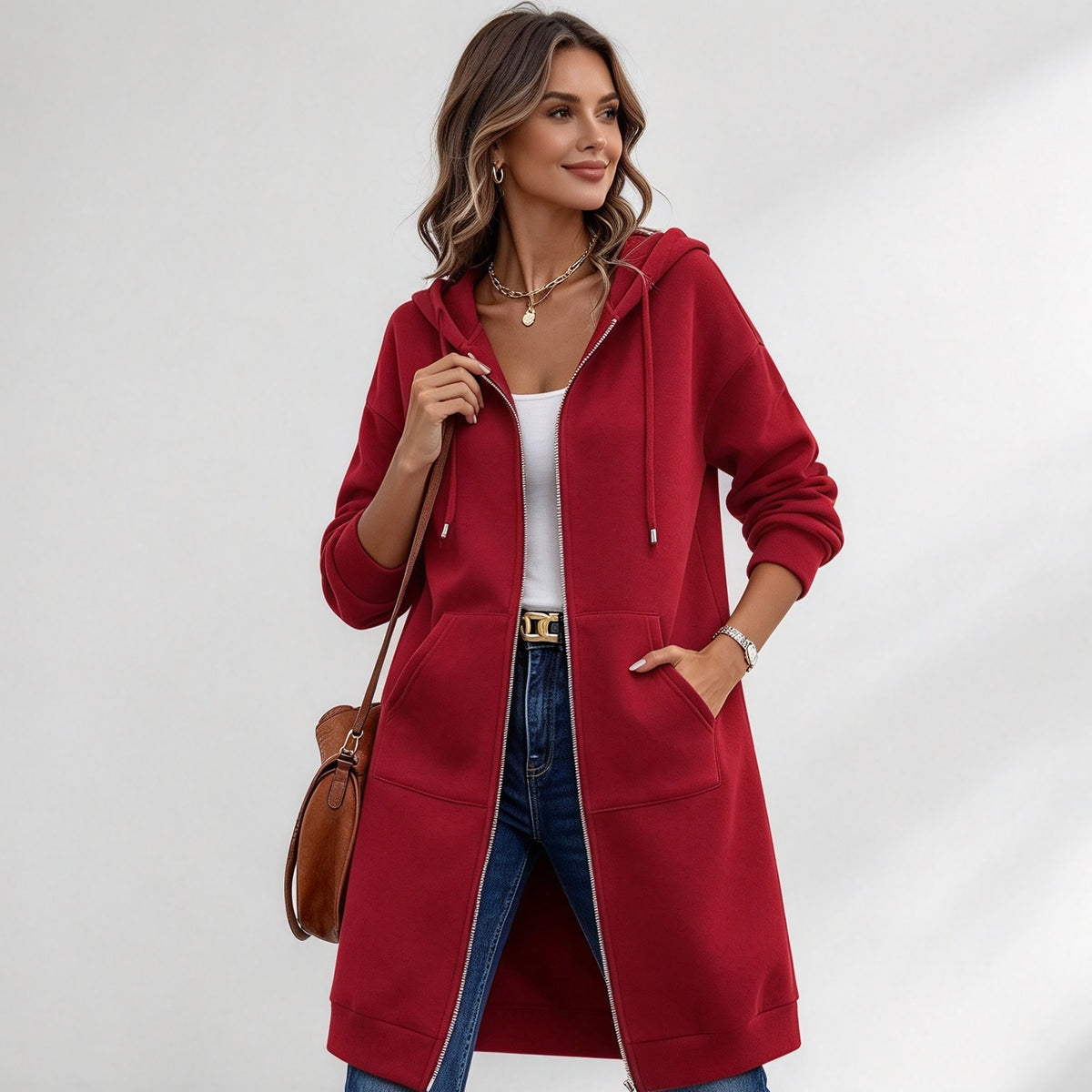 Women's Long Zip-Up Fleece Hoodie – Casual Oversized Full-Zip Outerwear with Pockets
