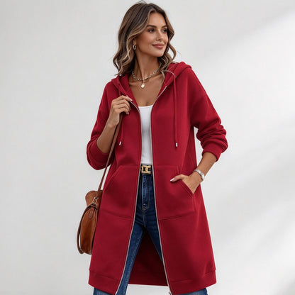 Women's Long Zip-Up Fleece Hoodie – Casual Oversized Full-Zip Outerwear with Pockets