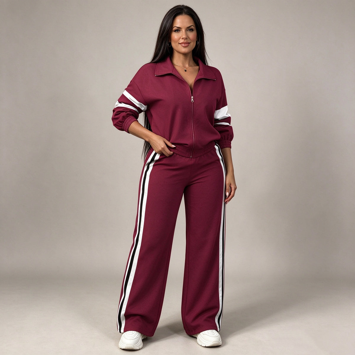 Women Striped 2-Piece Tracksuit Set Full Zip Jacket Wide Leg Pants Casual Outfit