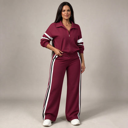 Women Striped 2-Piece Tracksuit Set Full Zip Jacket Wide Leg Pants Casual Outfit
