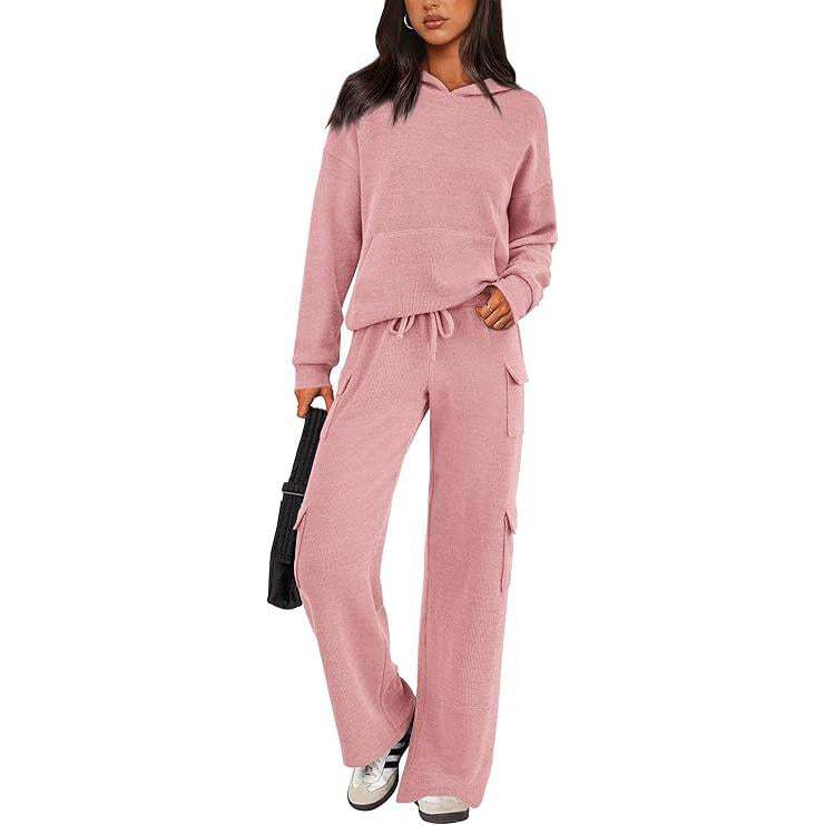 Women’s Soft Hooded Lounge Set with Wide-Leg Cargo Pants & Pockets