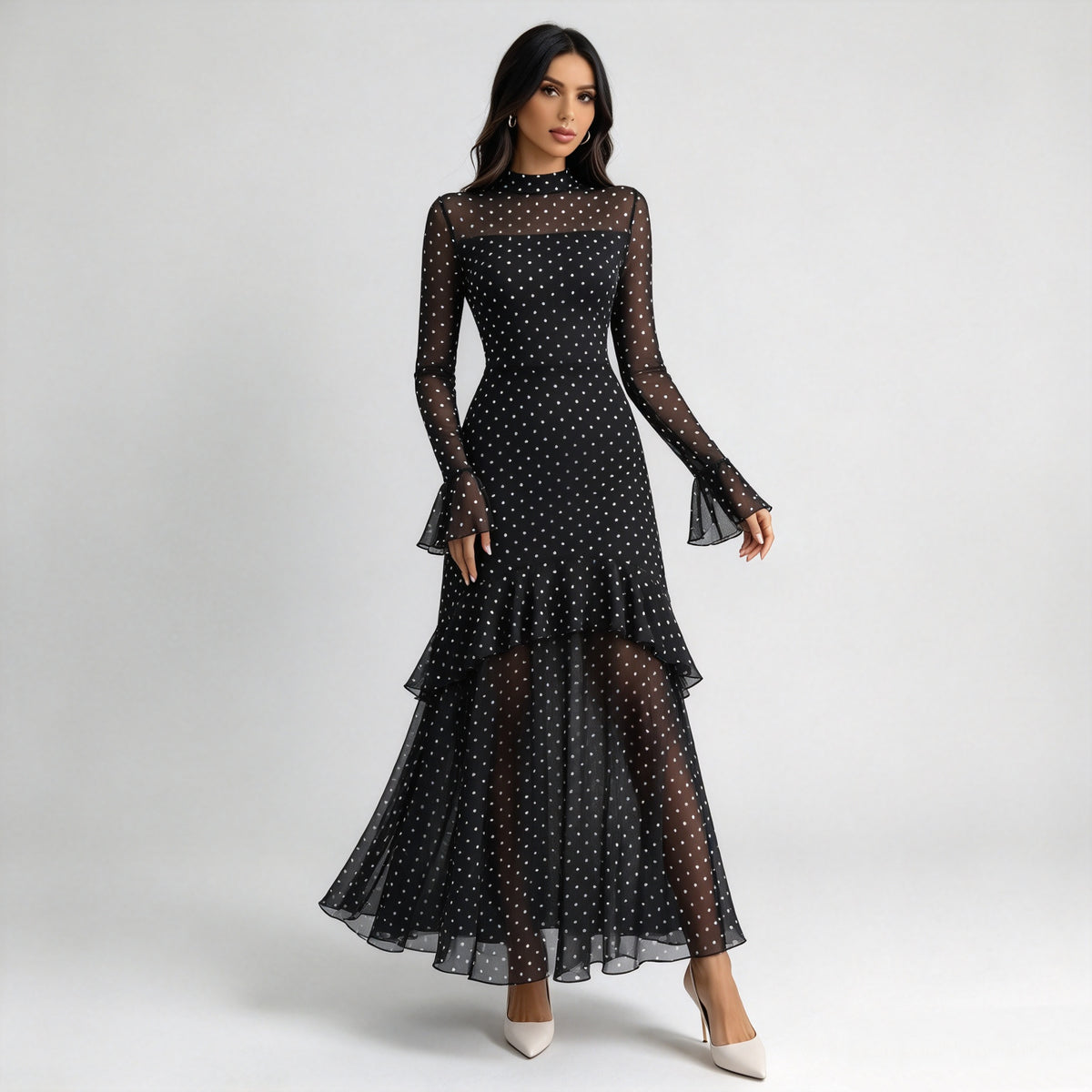 Vintage Floral Embroidered Mesh Long Sleeve Maxi Dress