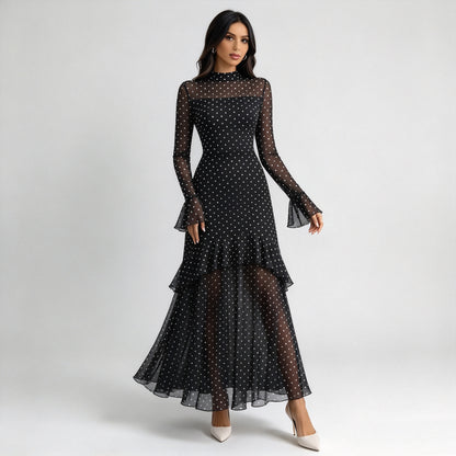 Vintage Floral Embroidered Mesh Long Sleeve Maxi Dress