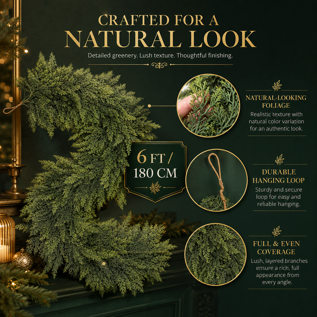 6ft Artificial Cedar Garland – Extra-Full Winter Greenery Pine Wreath