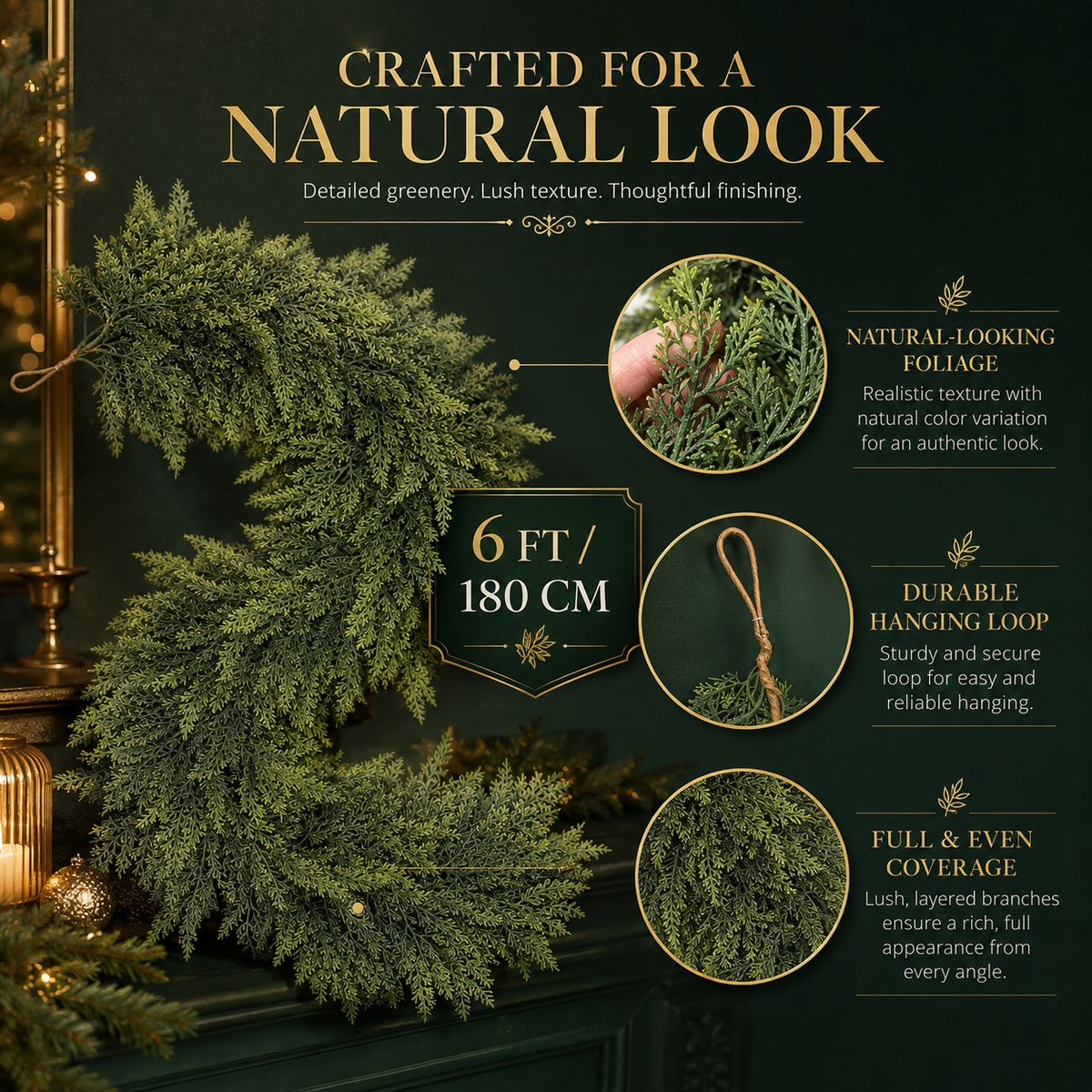 6ft Artificial Cedar Garland – Extra-Full Winter Greenery Pine Wreath