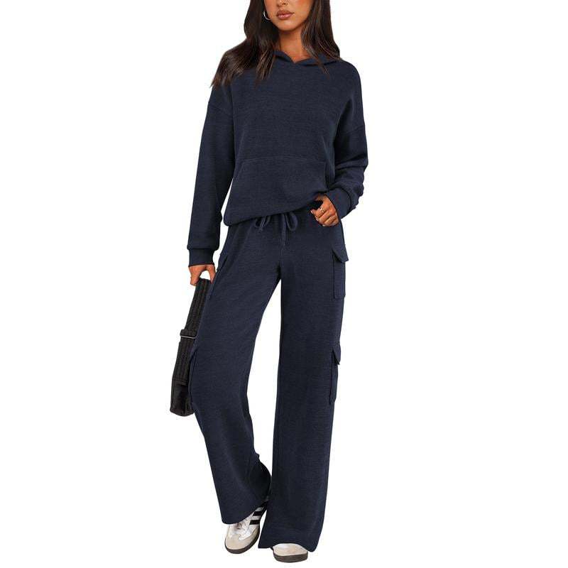 Women’s Soft Hooded Lounge Set with Wide-Leg Cargo Pants & Pockets