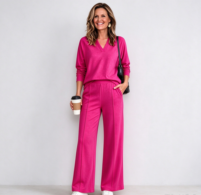 The Tailored V-Neck & Pintuck Wide-Leg Two-Piece Commuter Set