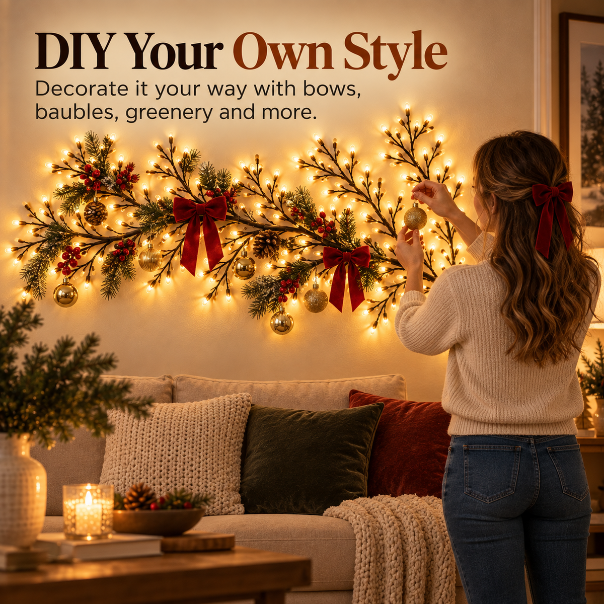 Remote-Controlled Lighted Branch Wall Decor - Flexible DIY Holiday Decorating