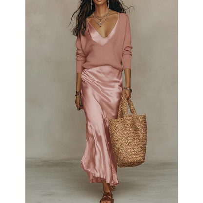 💃Women’s 2-Piece V-Neck Knit Sweater & Satin Slip Maxi Dress Set💃