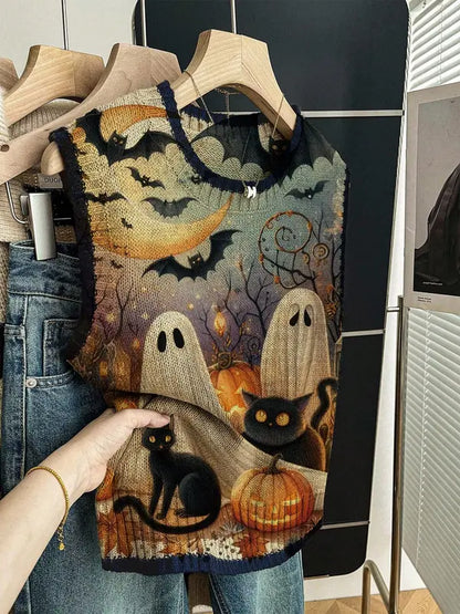 Women’s Halloween Knit Sweater Vest – Cozy Spooky Layering Top for Fall Outfits