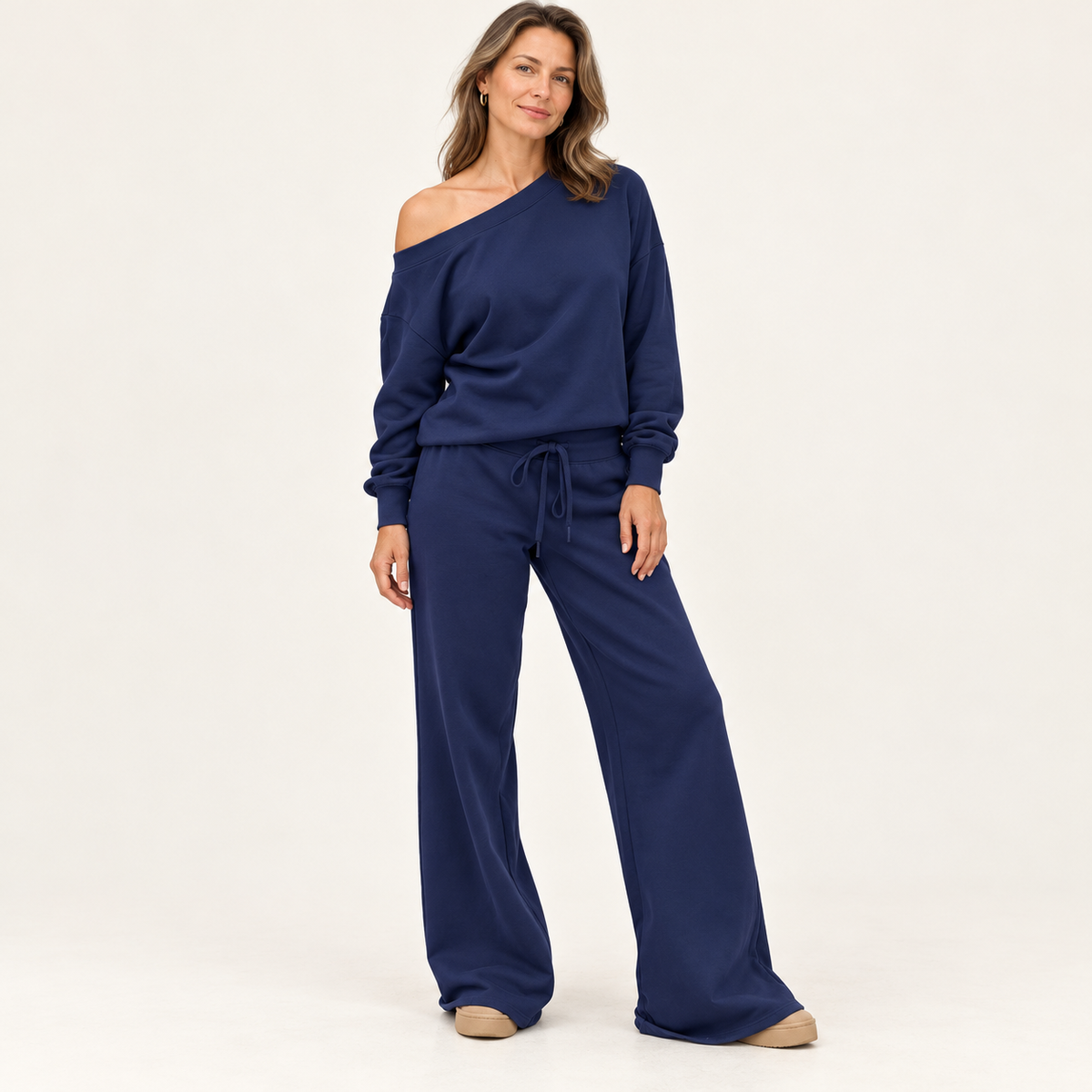 Women's 2-Piece Off-Shoulder Lounge Set – Wide Leg Pants & Sweatshirt