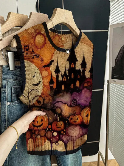 Women’s Halloween Knit Sweater Vest – Cozy Spooky Layering Top for Fall Outfits