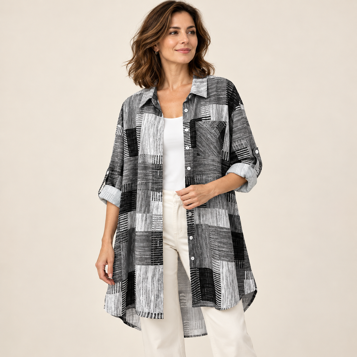 Women's Boho Abstract Colorblock Button-Up Shacket - Long Sleeve Mid-Length Coat