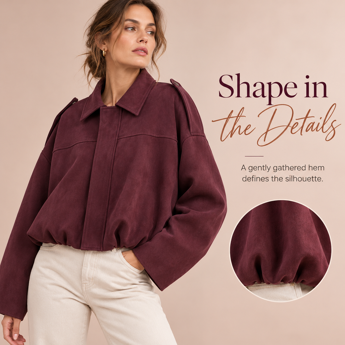 🍂 Women's Vintage Faux Suede Jacket – Oversized Cropped Fit & Zip Front
