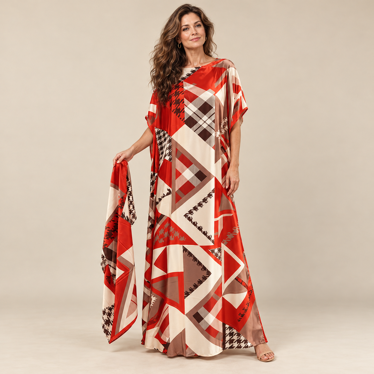 Printed Kaftan Maxi Dress & Matching Scarf Set