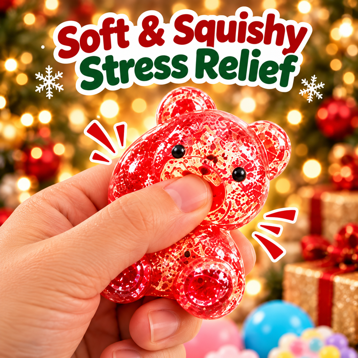 Close-up of red translucent glitter-look bear squishy toy being squeezed between fingers