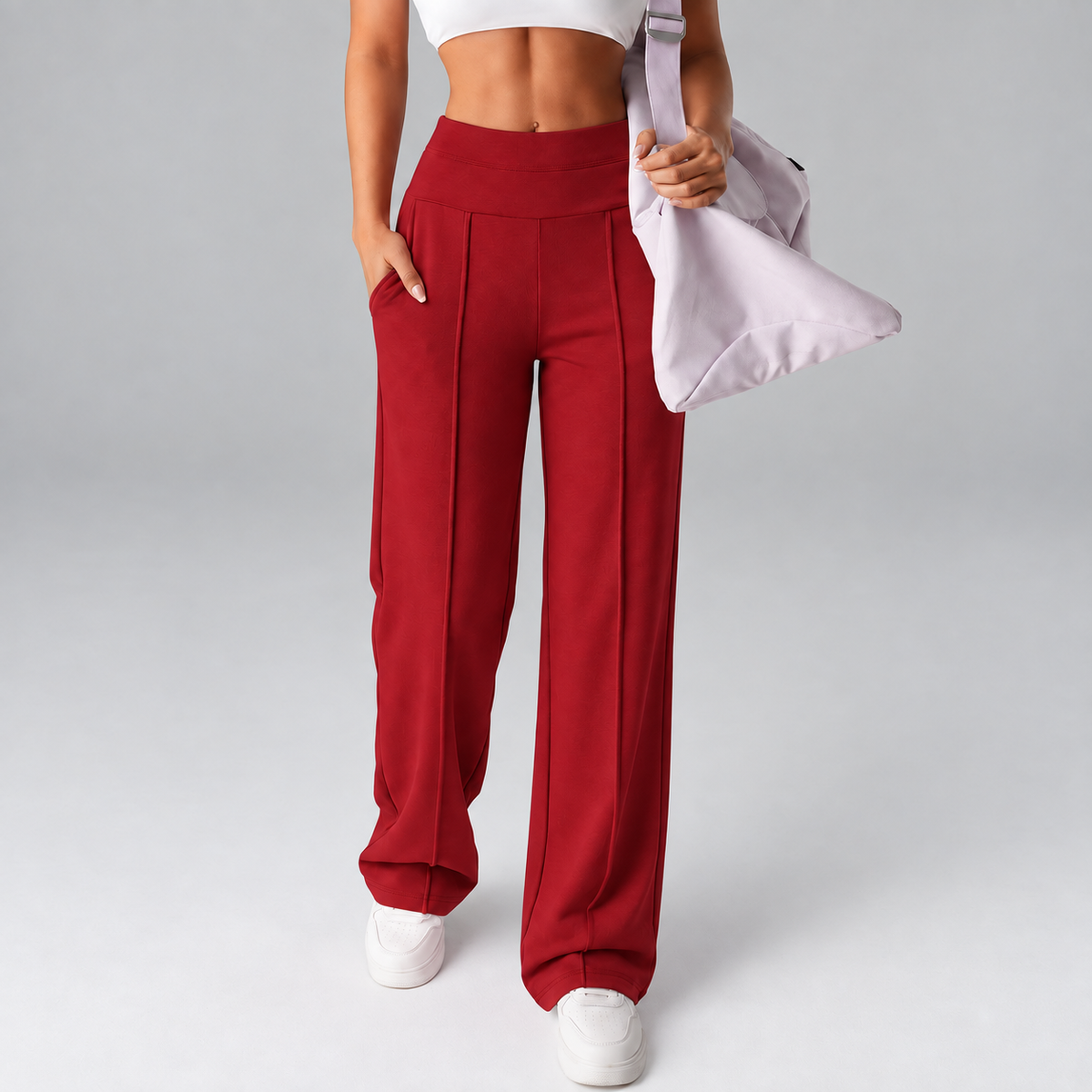 Women’s High-Rise Wide-Leg Comfort Pants with Pockets, Stretch Fit & Front Seams