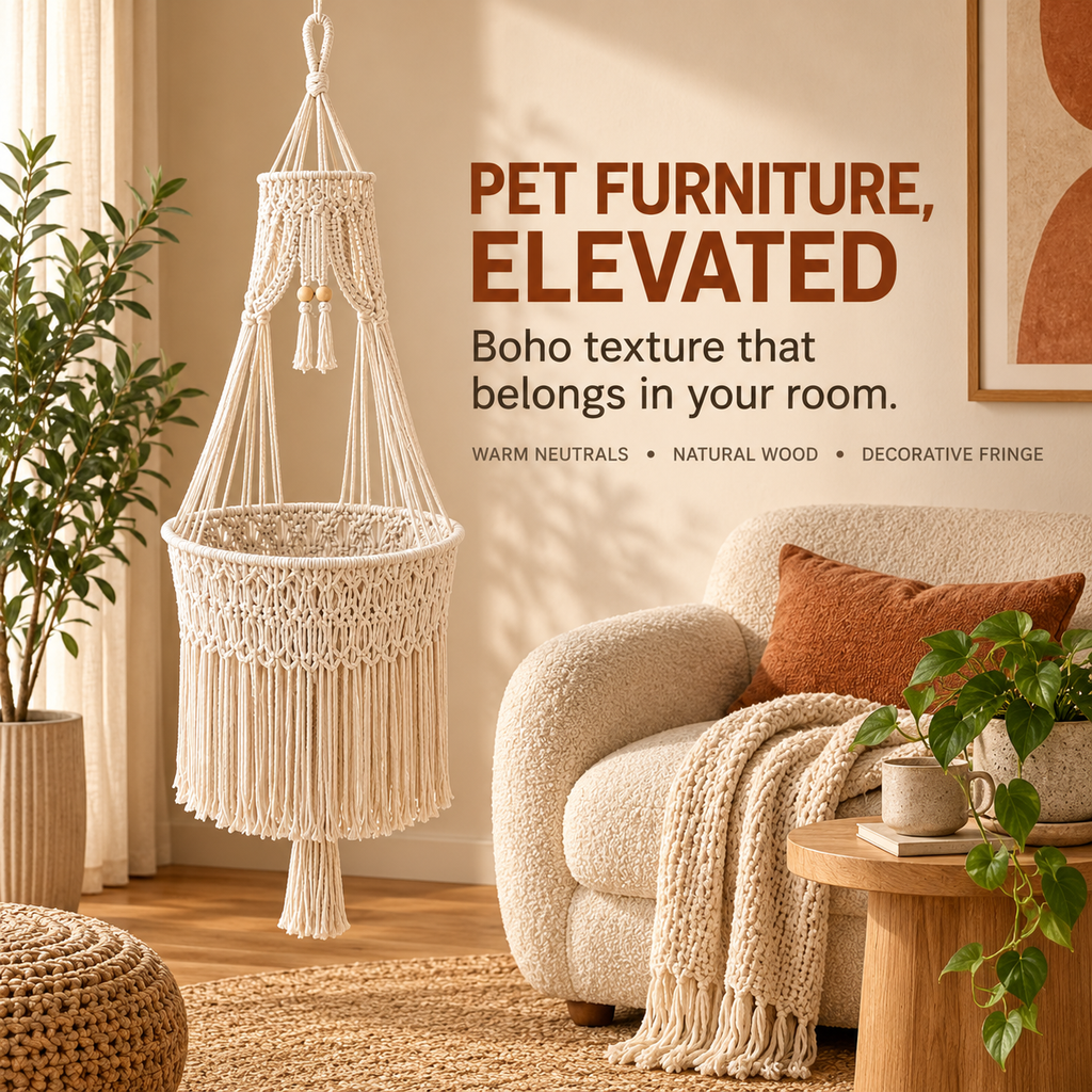Handwoven Macramé Hanging Cat Bed for Cozy Elevated Lounging