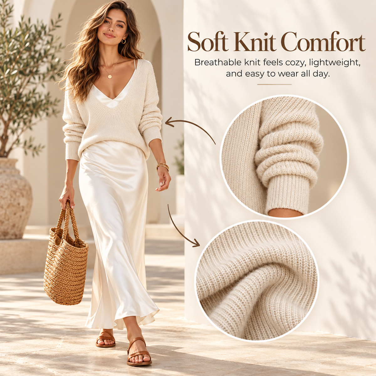 The 2-Piece Satin & Knit Midi Set | V-Neck Pullover & Slip Dress