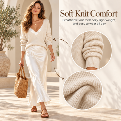 The 2-Piece Satin & Knit Midi Set | V-Neck Pullover & Slip Dress