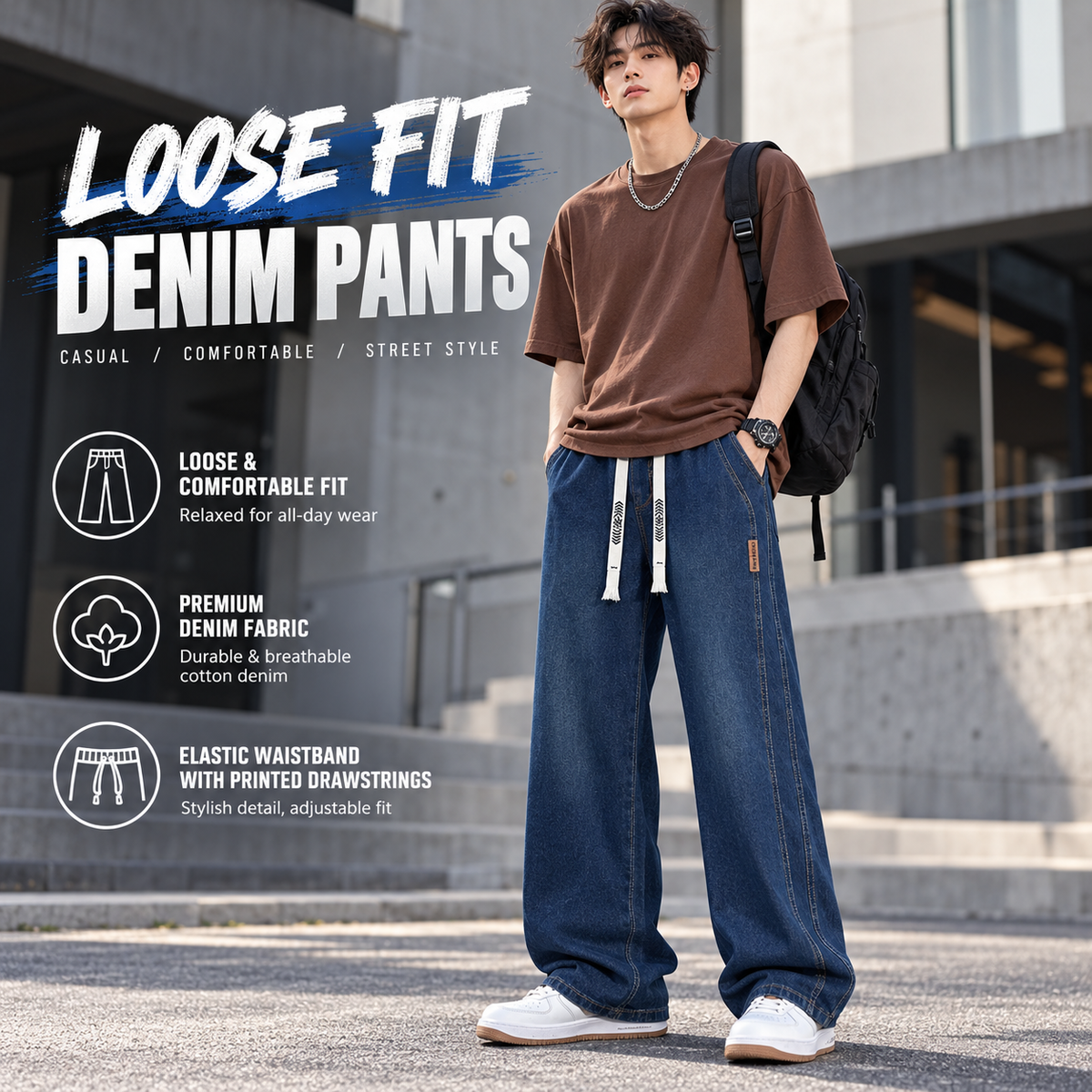 Men’s Relaxed Fit Drawstring Jeans – Stretch Wide-Leg Denim Pants