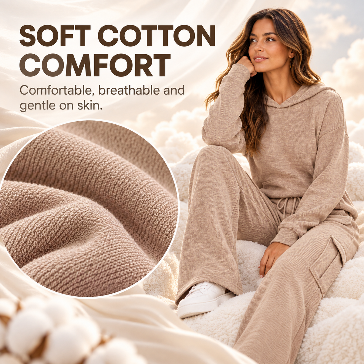 Women’s Soft Hooded Lounge Set with Wide-Leg Cargo Pants & Pockets