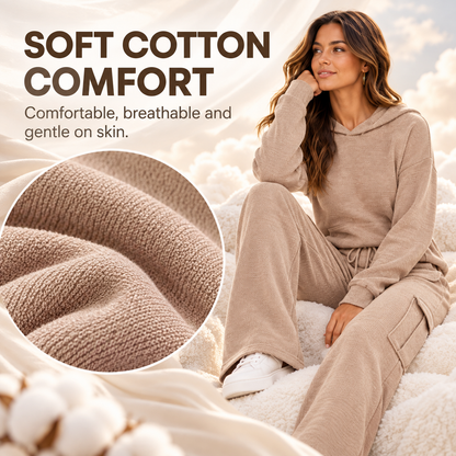 Women’s Soft Hooded Lounge Set with Wide-Leg Cargo Pants & Pockets
