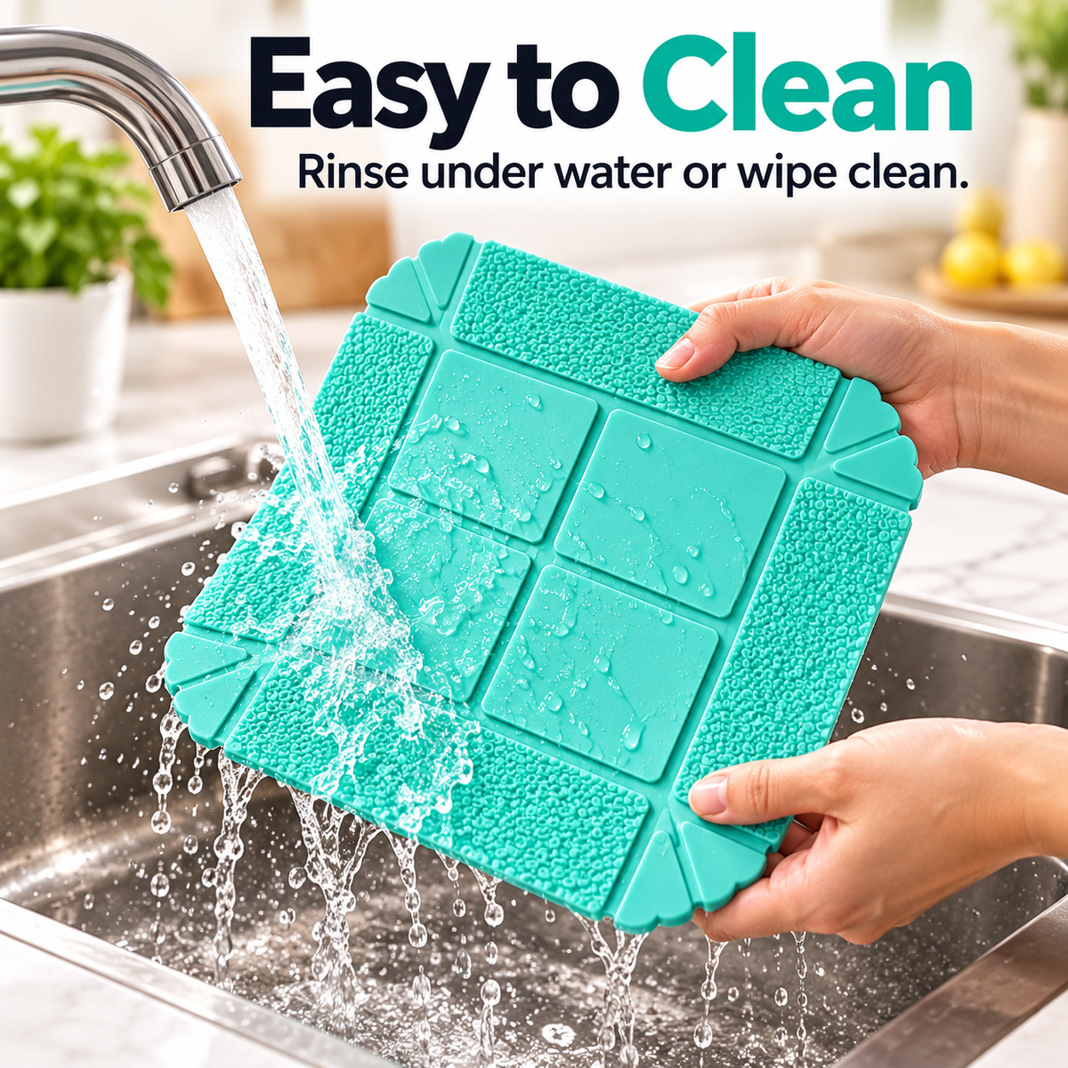 Hands rinsing reusable mint silicone folding mat beneath kitchen sink faucet