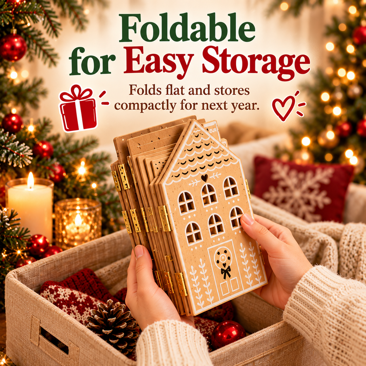Hands holding stacked folded wooden gingerbread village panels with hinges visible
