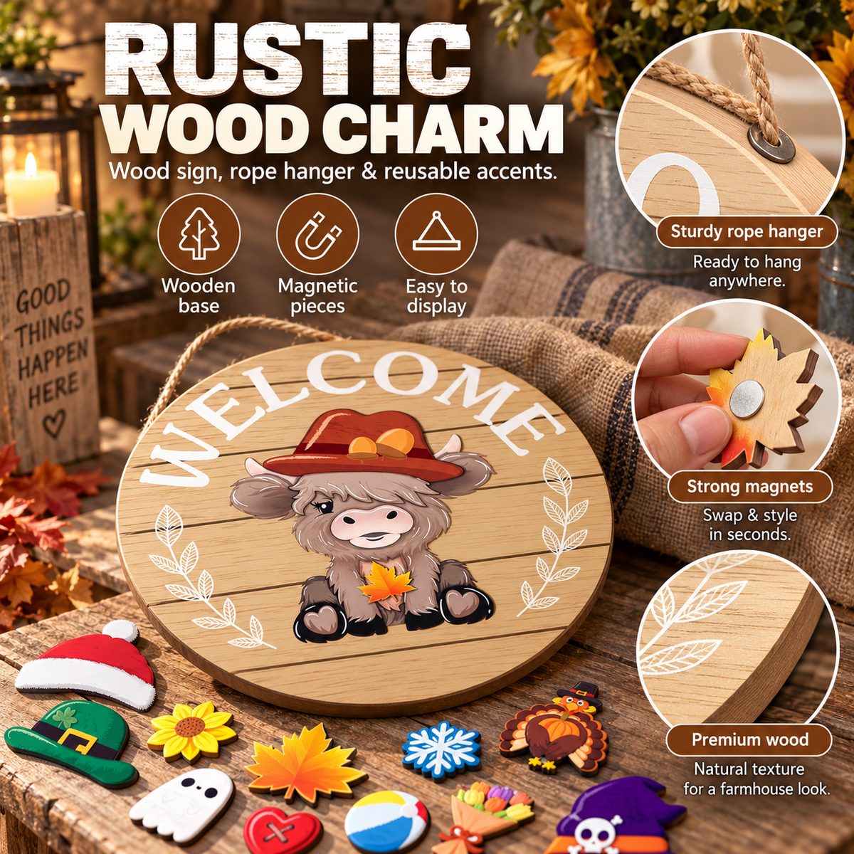 Interchangeable Front Door Welcome Sign Set with Seasonal Holiday Seasonal Icons