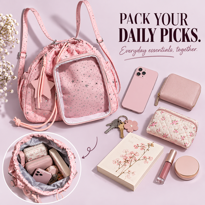 ✨ Star-Embossed Ita Bag | Convertible Drawstring Backpack & Shoulder Bag with Clear Window 🎒