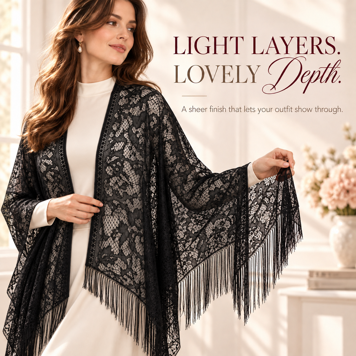 Elegant Floral Lace Kimono Wrap with Flowing Fringe | Evening & Wedding Shrug