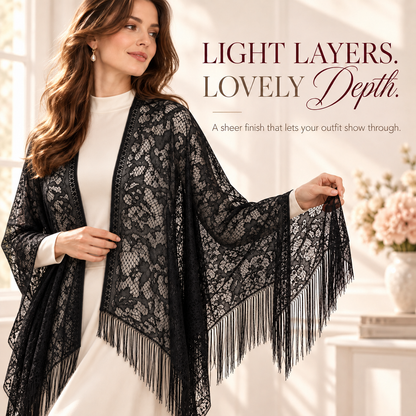 Elegant Floral Lace Kimono Wrap with Flowing Fringe | Evening & Wedding Shrug