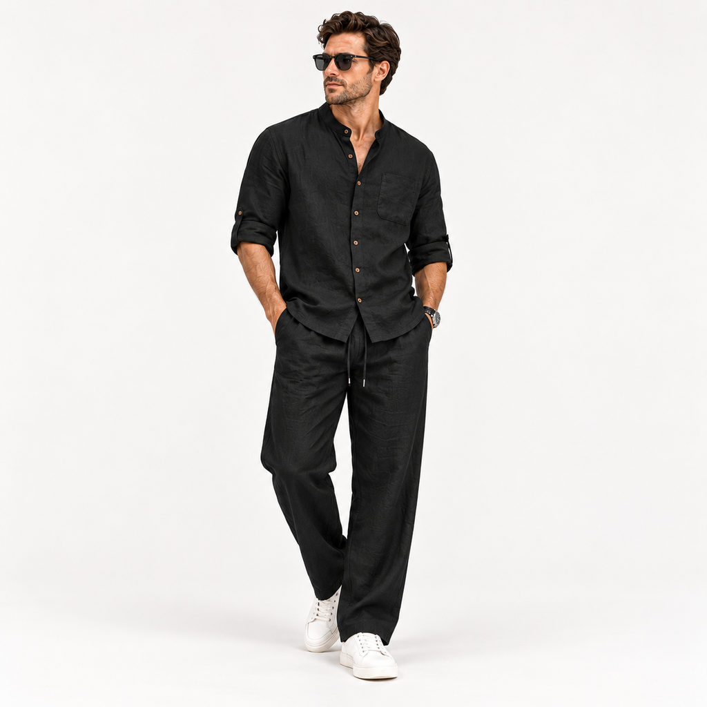 Men's Relaxed Mandarin Collar Shirt & Wide-Leg Pants Set