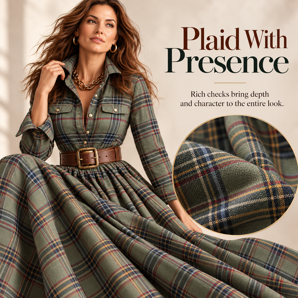 Vintage Plaid Button-Front Maxi Dress – Belt Included