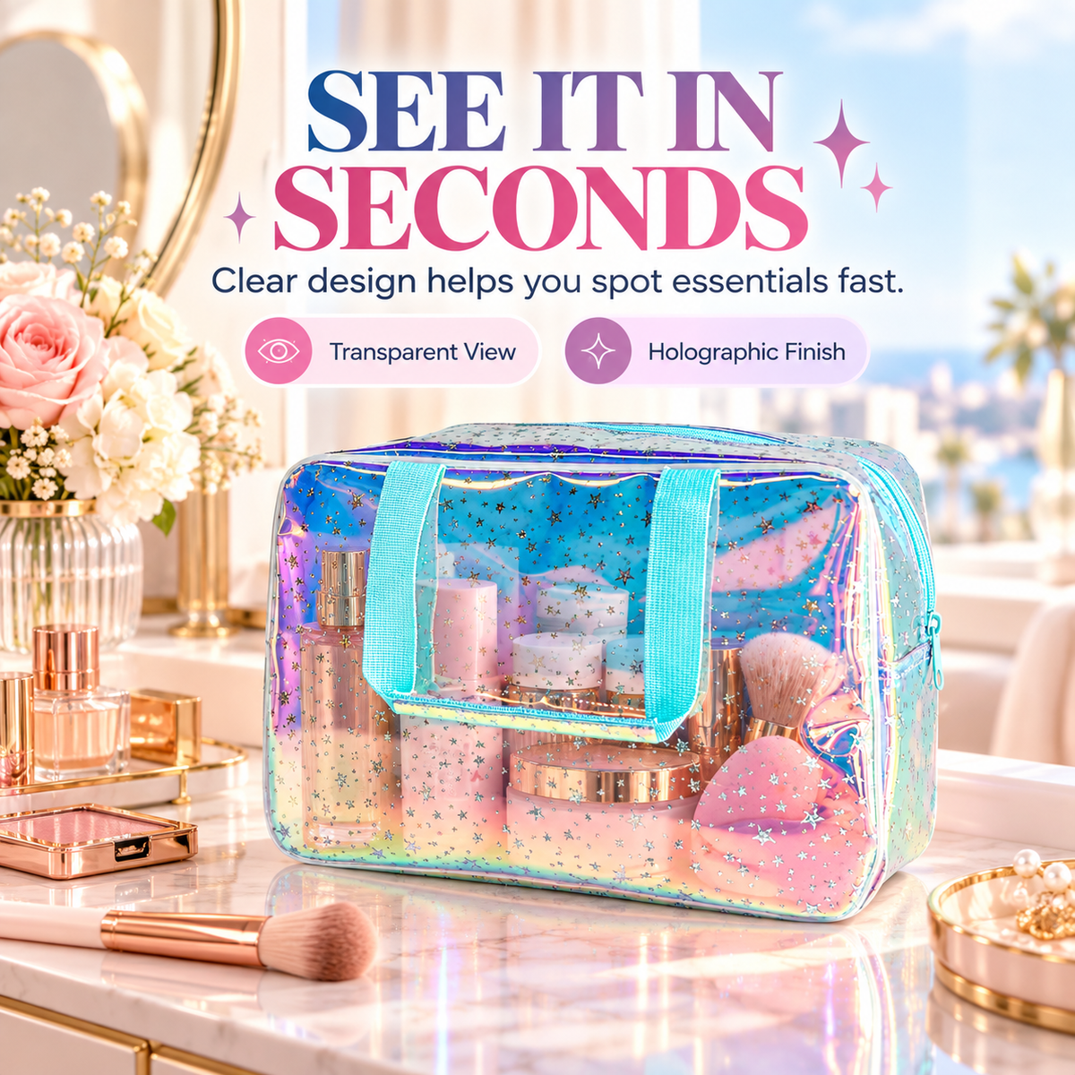 Holographic Clear Star Cosmetic Travel Bag