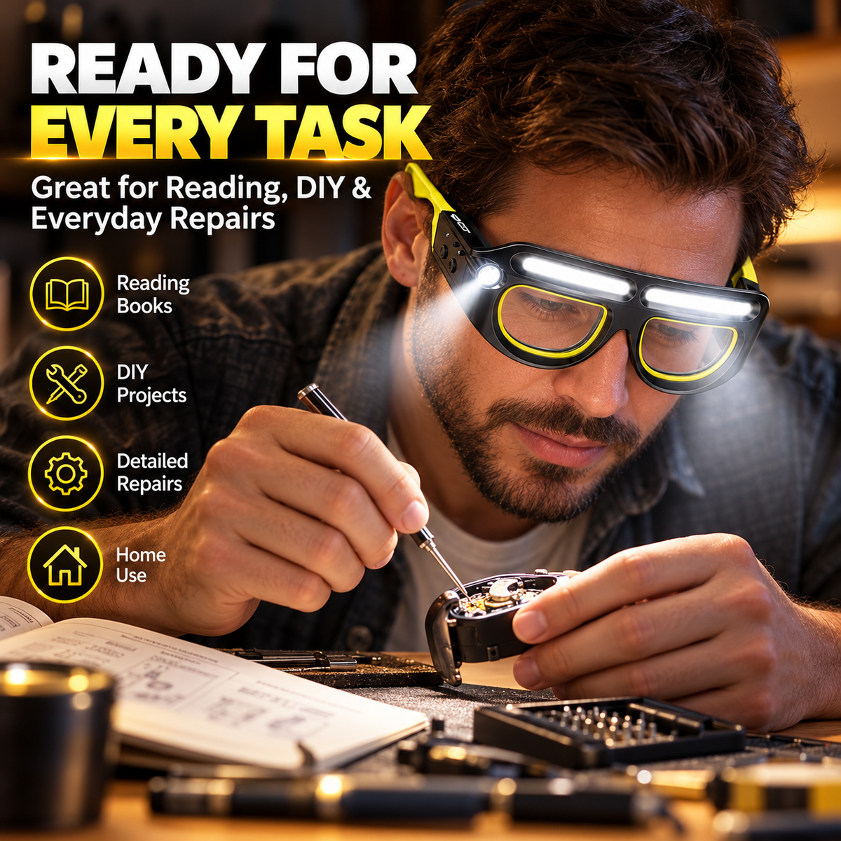 Hands-Free LED Light Glasses with Spotlight & COB Floodlight