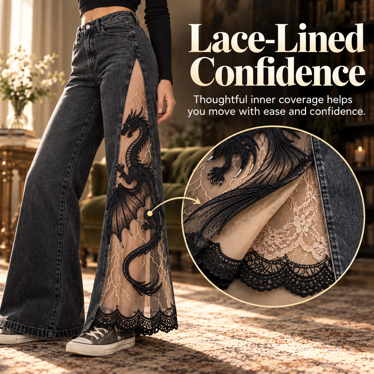 Women's Gothic Dragon Embroidered Jeans – Lace-Panel Wide-Leg Denim