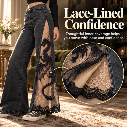 Women's Gothic Dragon Embroidered Jeans – Lace-Panel Wide-Leg Denim
