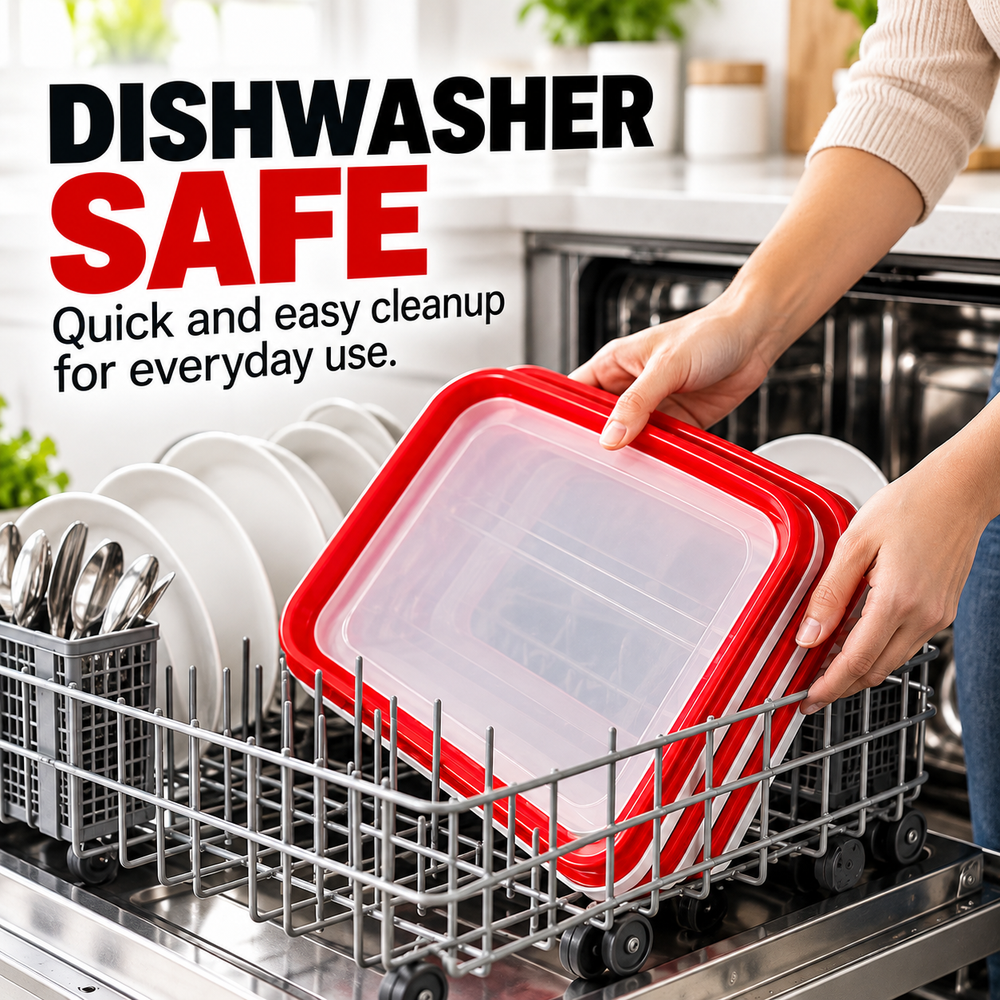 Person placing red and white food storage tray in dishwasher basket